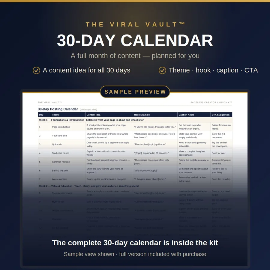 Sample of the 30-day posting calendar included in the Launch Kit