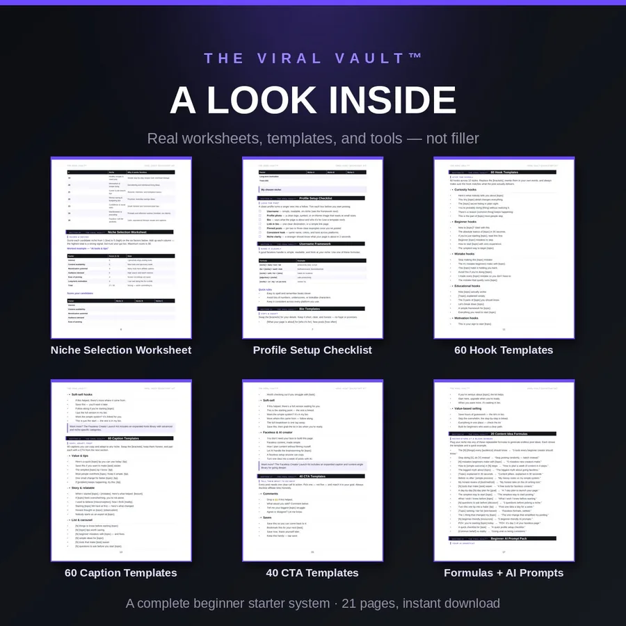 Sample worksheet, template, and prompt pages from the Quickstart Kit