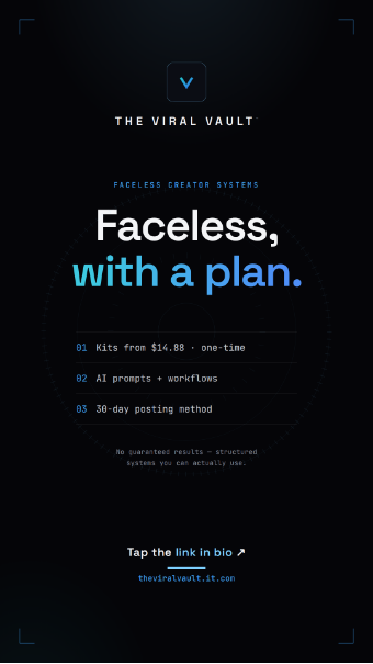 Story-format promo card, 1080 by 1920 — “Faceless, with a plan.” with the vault mark and honest fine print